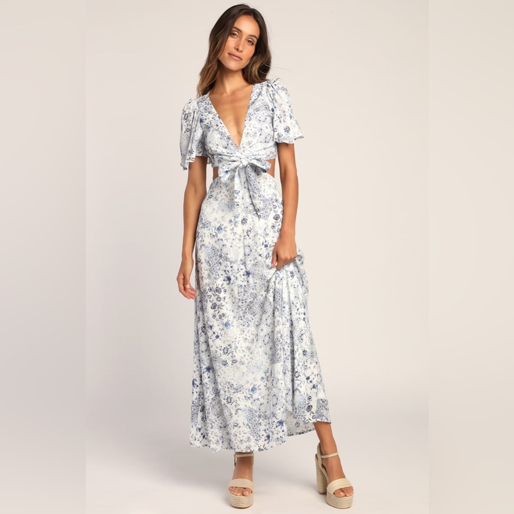 Lulus Stroll the Avenues White Floral Print Tie-Front Maxi Dress